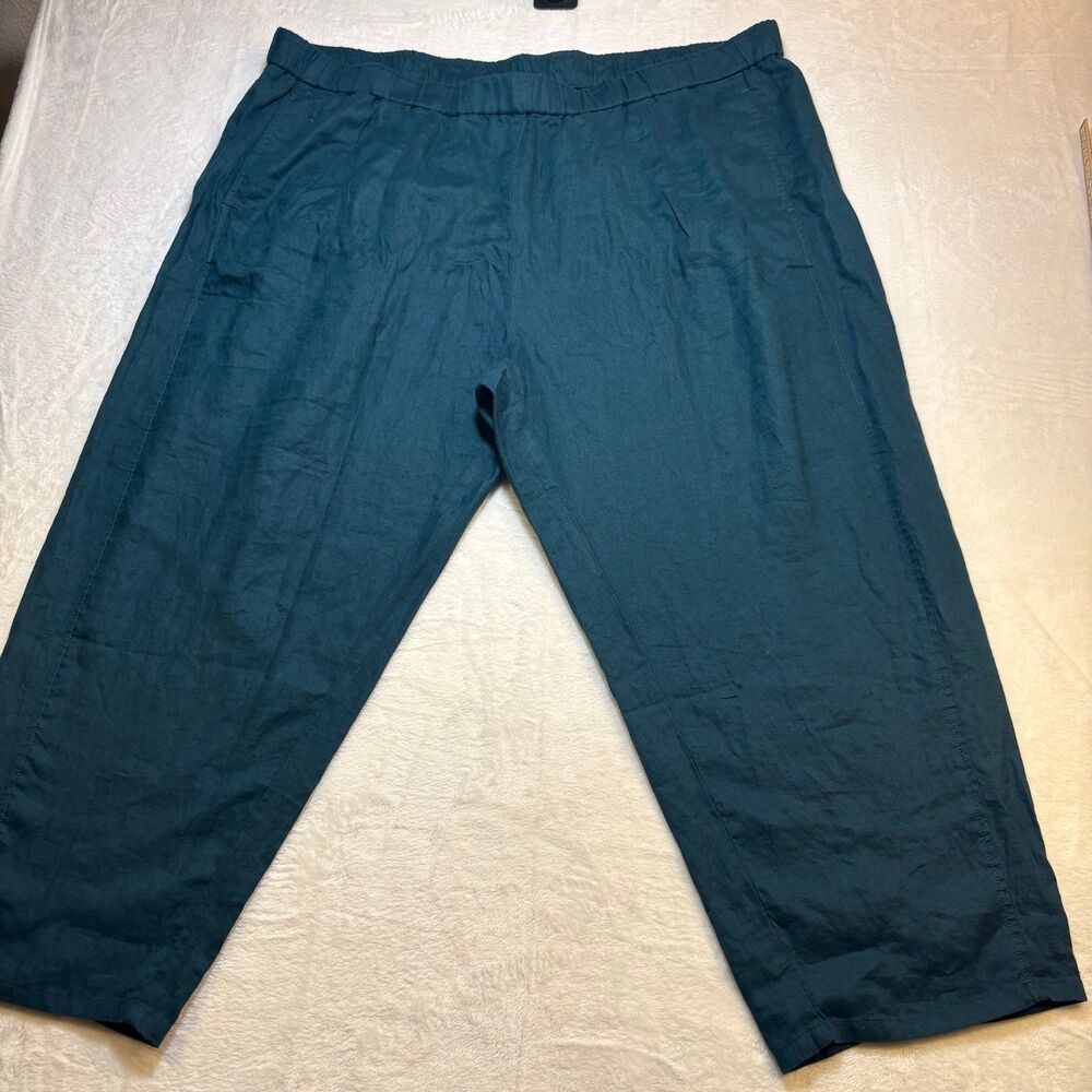 Eileen Fisher Organic Linen Pants Womens 3X Teal NWOT Pull On Cropped Wide Leg